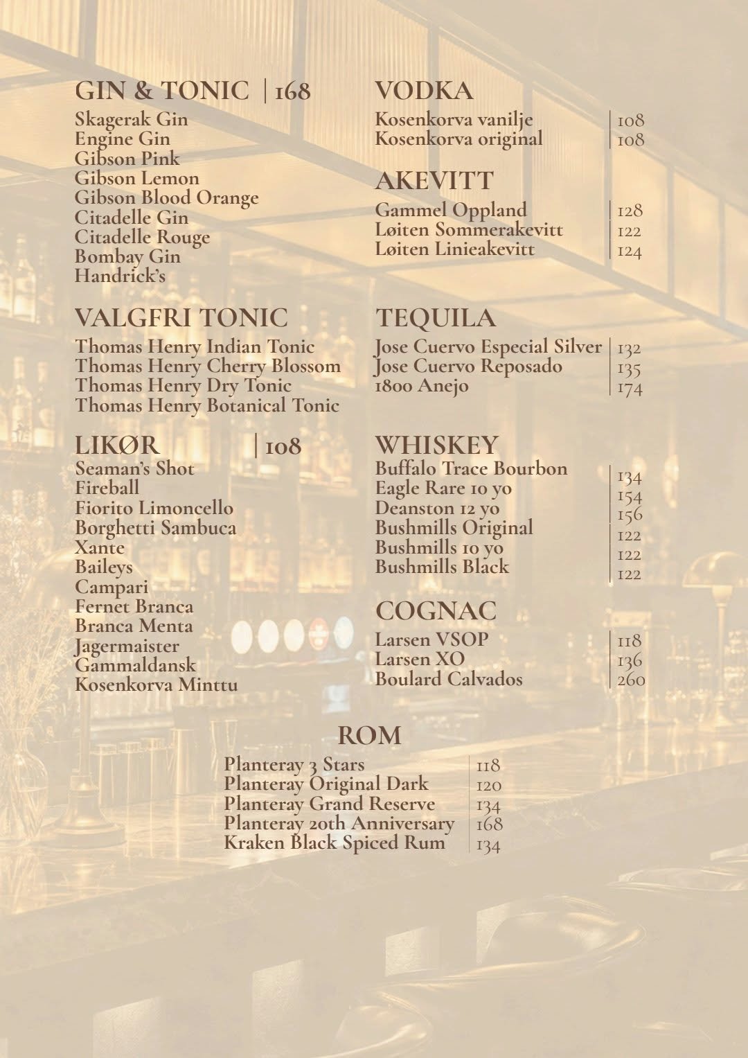 Restaurant beverage menu listing gin, vodka, liquor, tequila, whiskey, cognac, and rum with prices