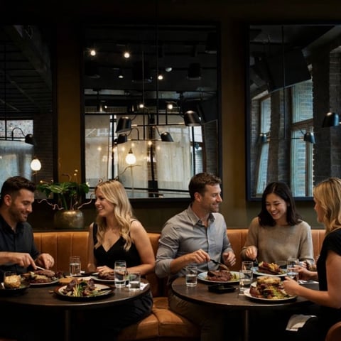 Group of five people dining together at a restaurant with warm lighting and large windows in the background