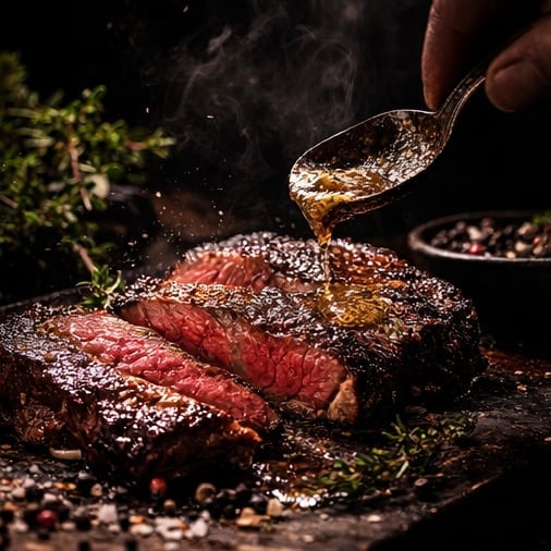 A sliced rare steak being seasoned with sea salt from a spoon, garnished with fresh herbs on a dark surface