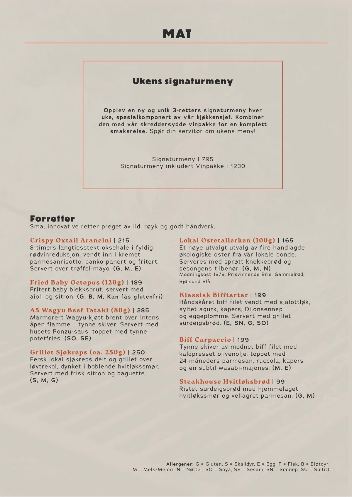 Meny for mai med restaurantens signaturretter og forretter