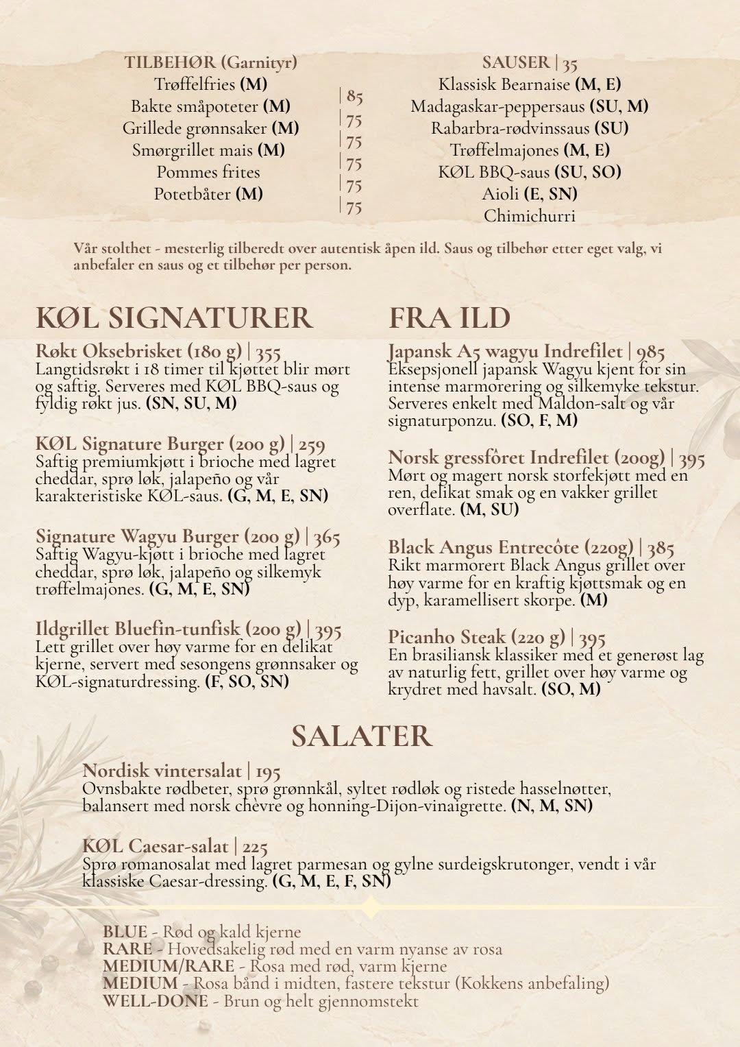 Restaurant menu page showing Norwegian and Swedish dishes including appetizers, burgers, salads, and steak preparations with prices