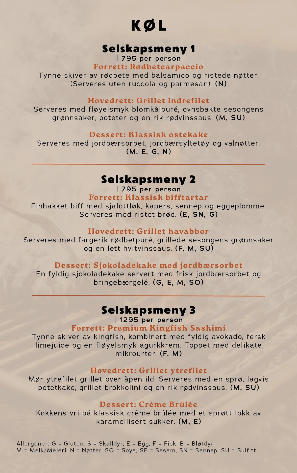 KØL restaurant selskapsmeny med tre prix fixe smaksmenyer med forrett, hovedrett og dessert