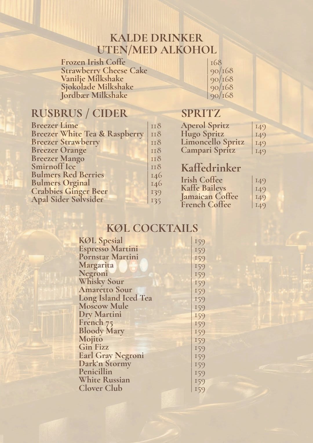 Menu page for cold and hot drinks, cocktails, ciders, and spritzers with prices listed in Danish kroner