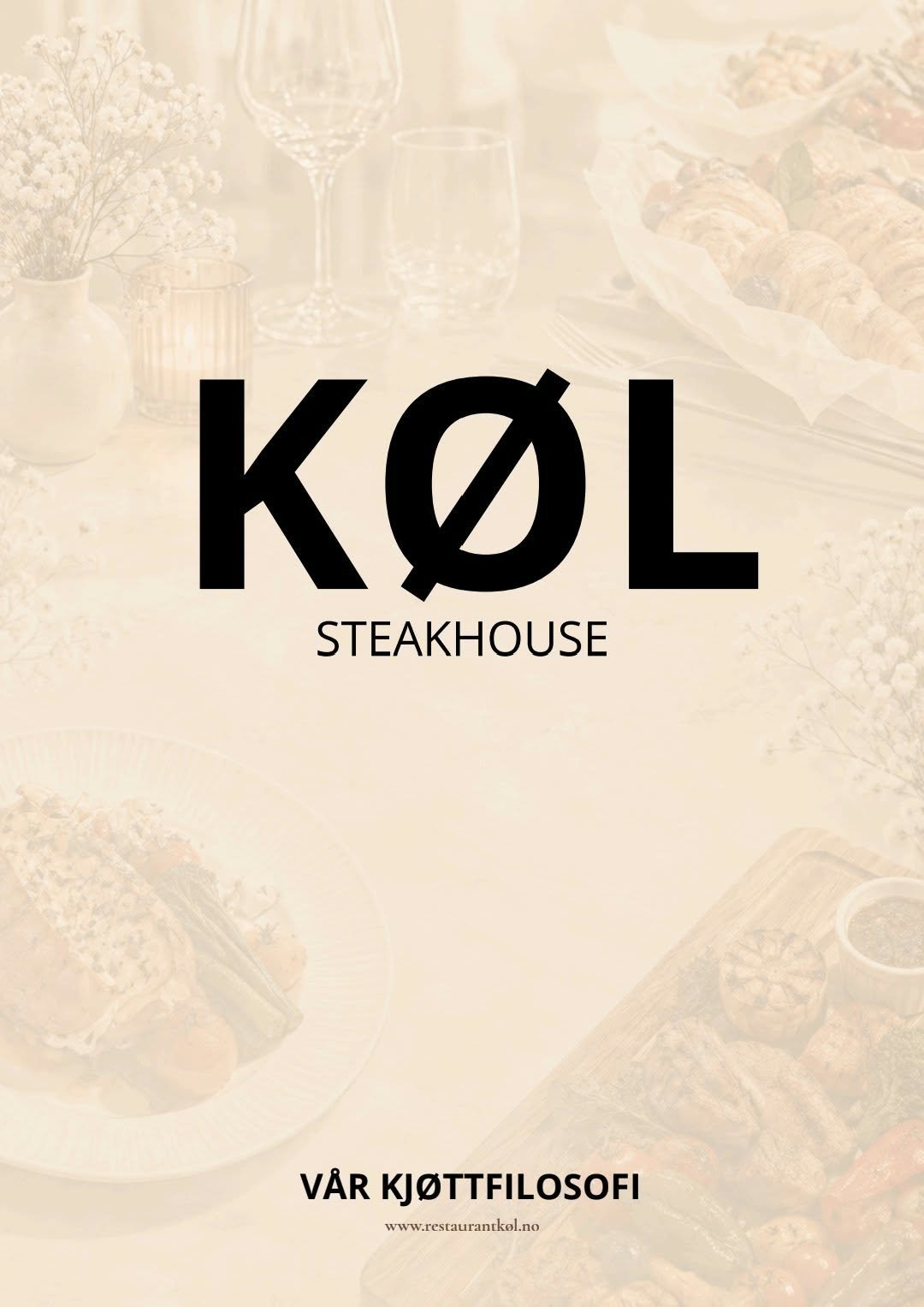 KØL Steakhouse restaurant menu cover with beige background, dining elements, and Nordic philosophy tagline
