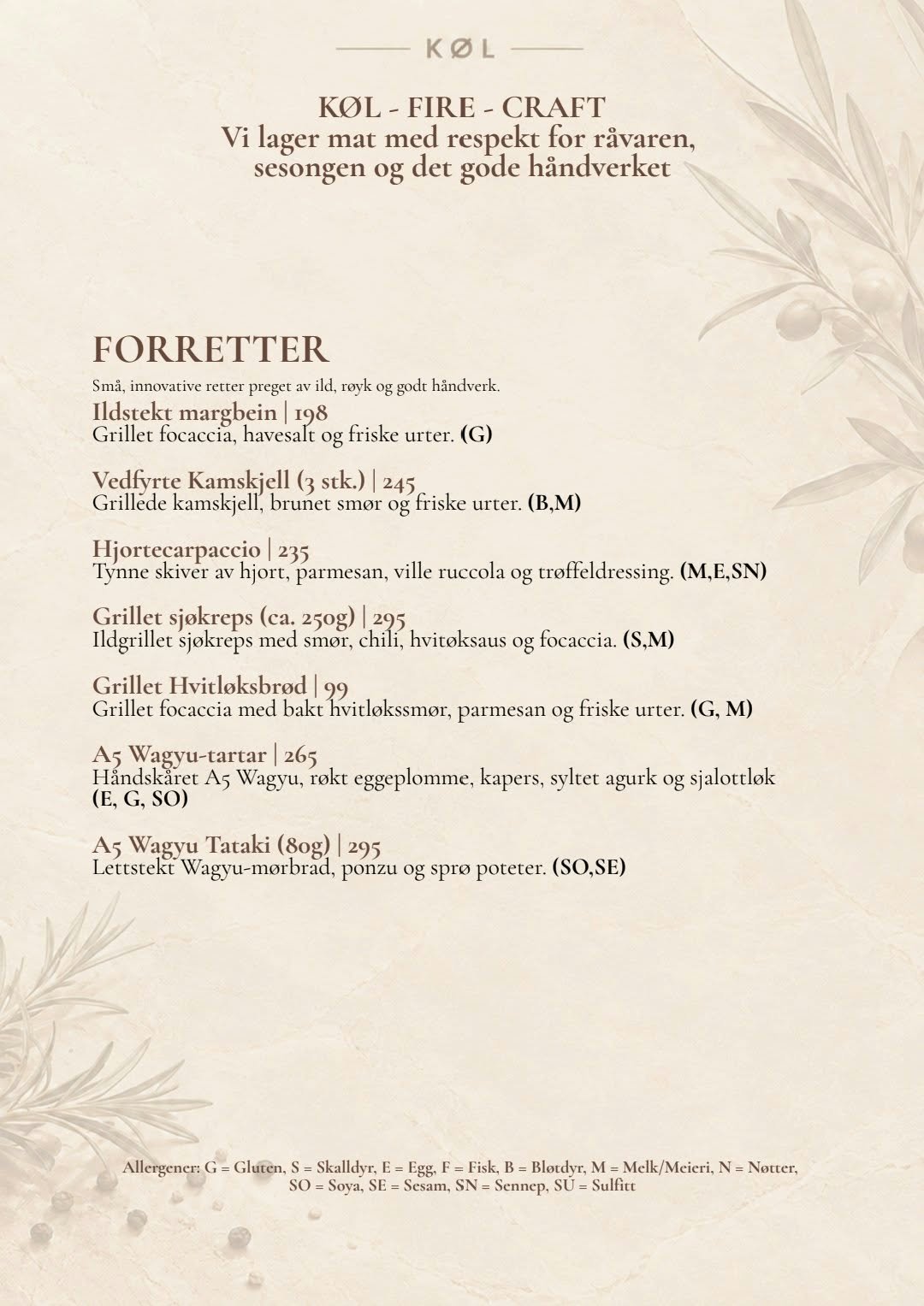 Scandinavian restaurant menu featuring appetizers section with small plates and artisanal dishes