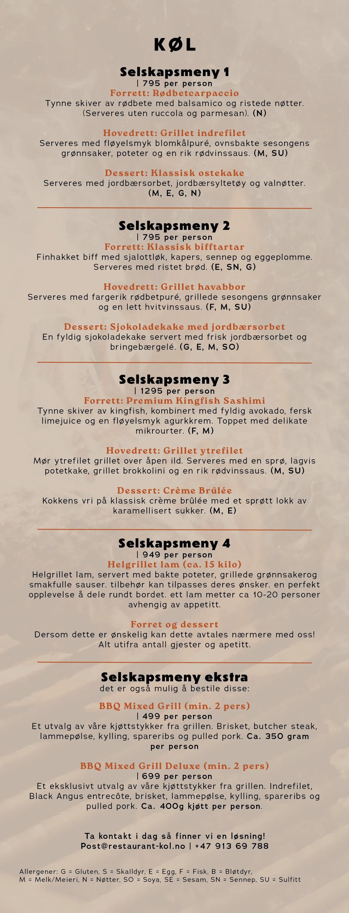 Selskapsmeny for KØL restaurant med fire set-menyer, tillegg og priser