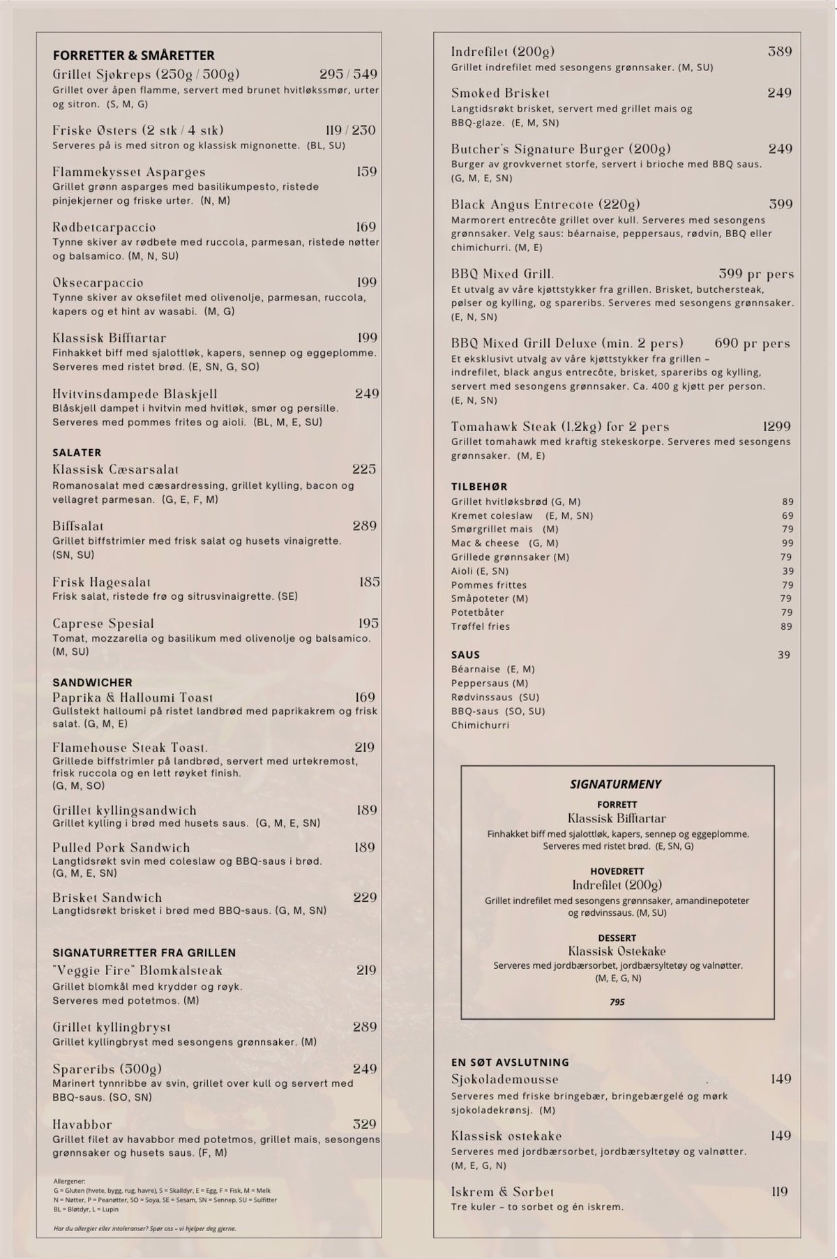 Restaurant KØL mat- og drikkemeny med priser