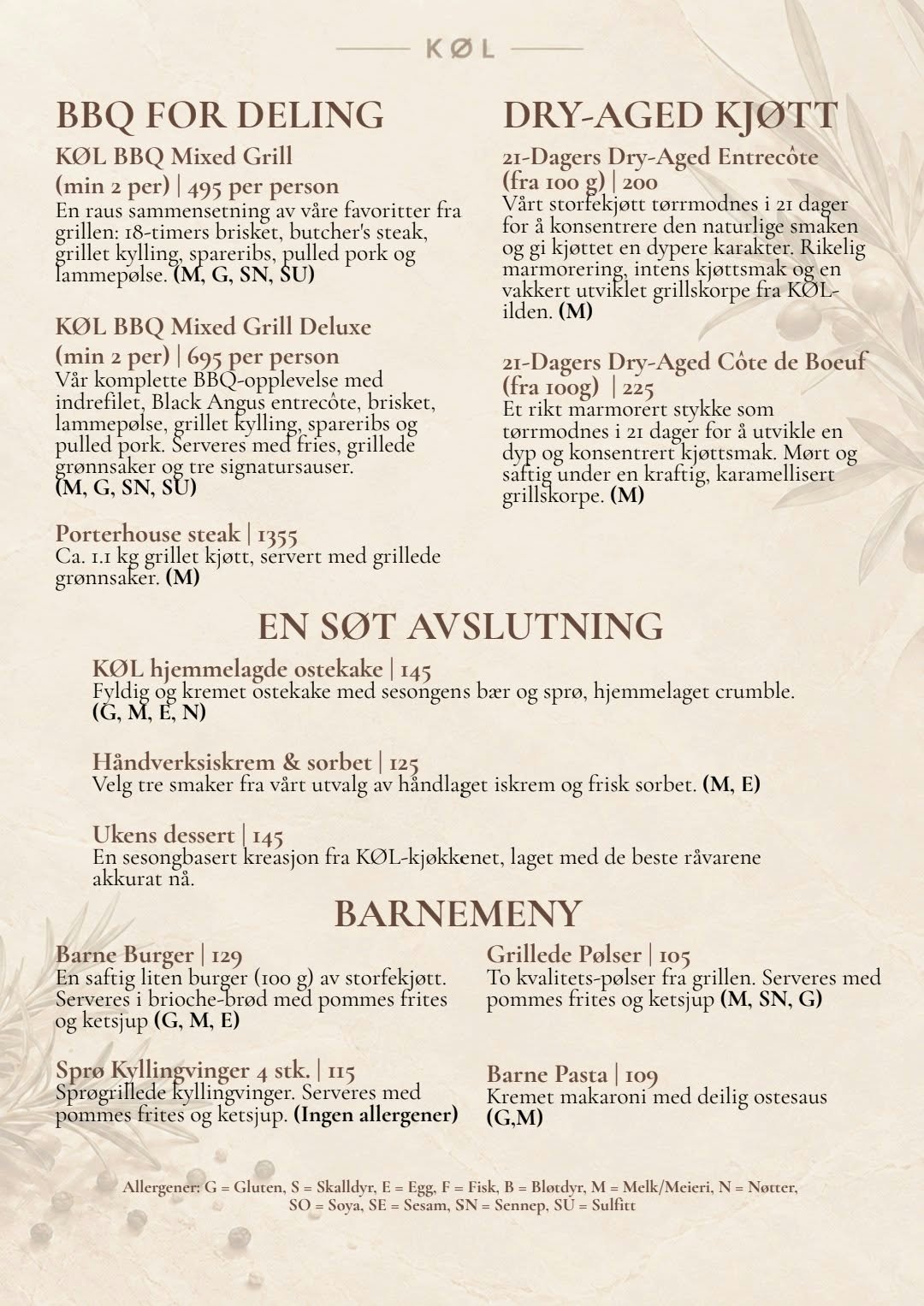Restaurant menu in Norwegian with sections for BBQ, dry-aged meat, desserts, and burger options with prices