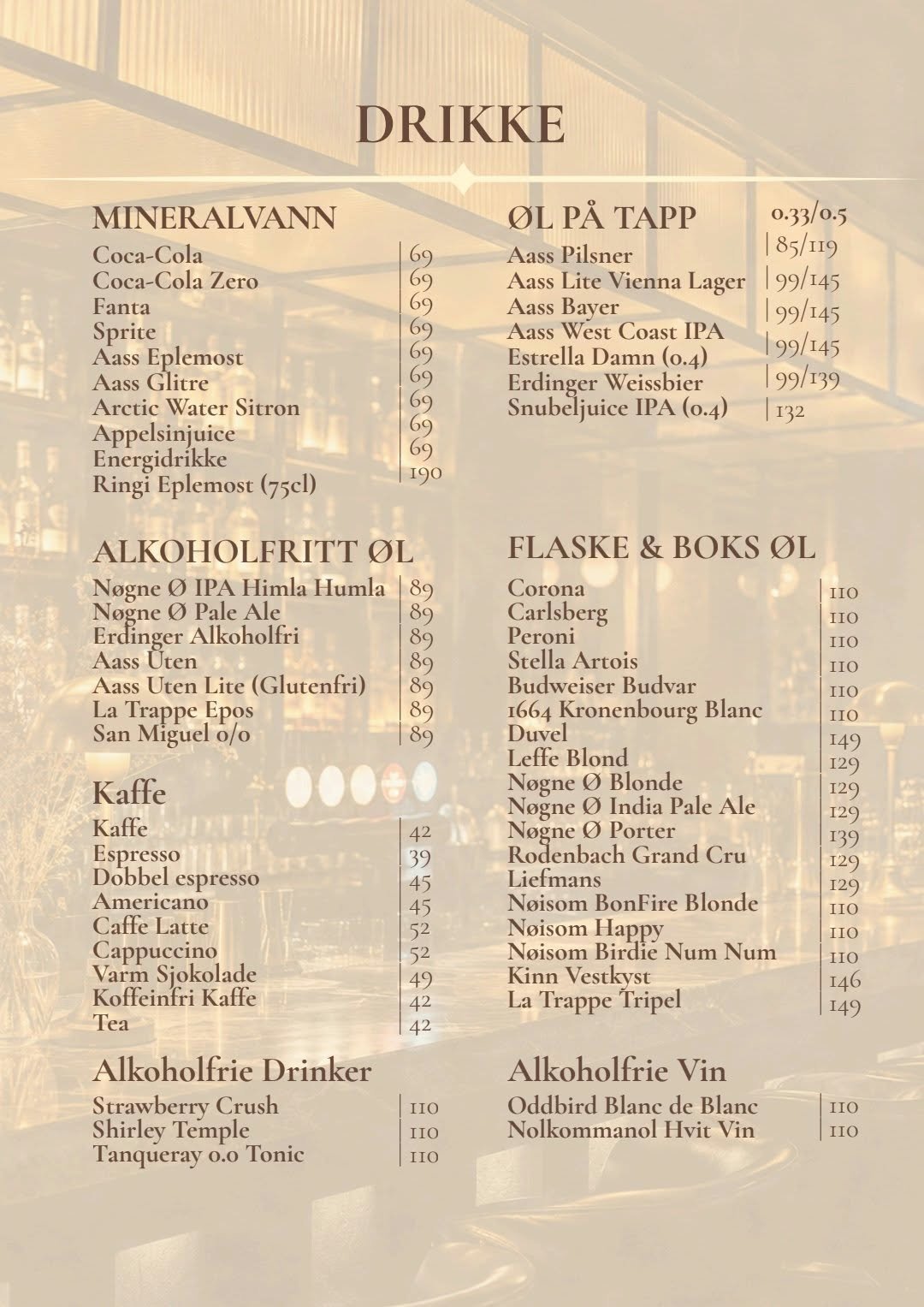 Beverage menu displaying drinks organized into categories including mineral water, alcoholic beers and spirits, coffee, non-alcoholic drinks, and wines with prices in Danish kroner